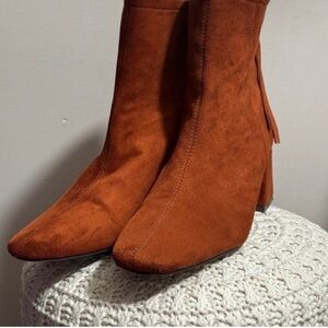 Mi.iM Burnt Orange Suede Square Toe Block Heel Ankle Boots